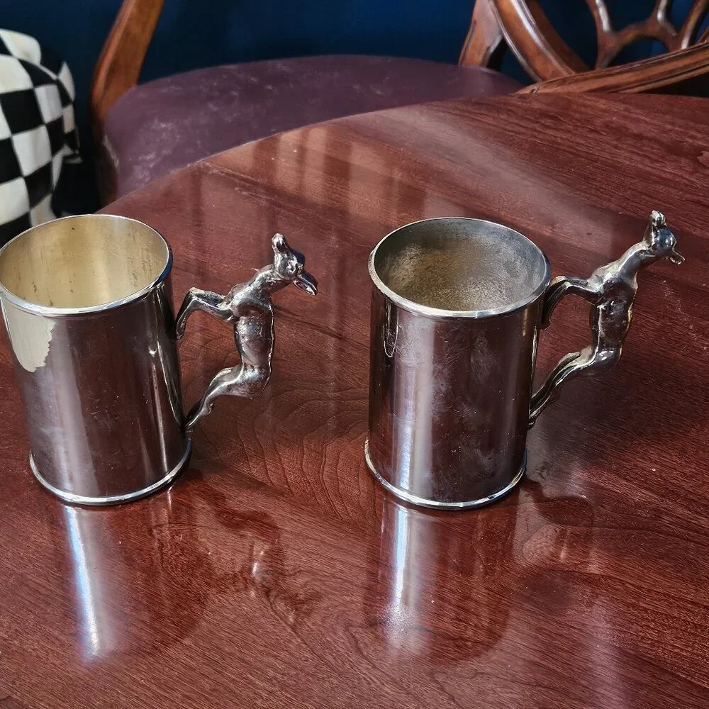 2 LUXURY VINTAGE RARE ESTATE GUCCI TANKARD SILVER PLATE DEER BEER STEIN CUP MUG